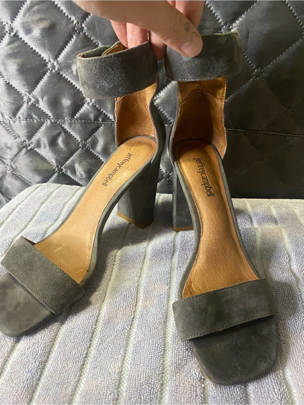 Jeffrey Campbell Holvey Grey Suede Block Heel Ankle Strap Sandals Size 8